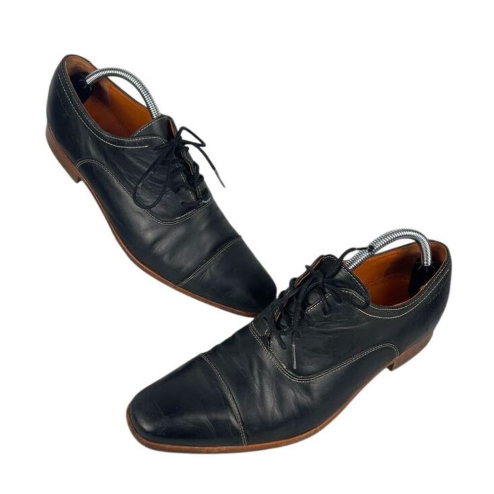 Van Lier men's classic black‎ oxford dress shoes size 10, contrast stitching